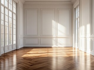 Obraz premium A large, empty room with white walls and wooden floors