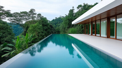 Fototapeta premium Modern Balinese house just one floor with pool in the middle of dense jungle surrounded by trees and plants pool reflecting sky 