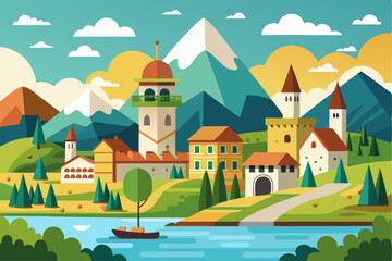 A Picturesque European Village nestled in a Mountainous Landscape