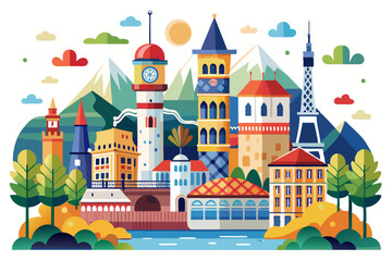 Colorful Cityscape with Tall Towers and Mountain Range