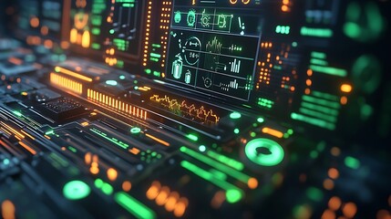 Obraz premium Energy consumption analysis, green bars and charts with icons, 3D illustration