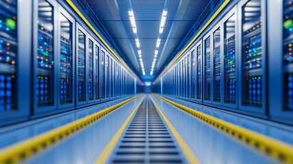 Wide angle shot of a cloud computing facility with massive server farms interconnected by high speed networks and advanced cooling systems 