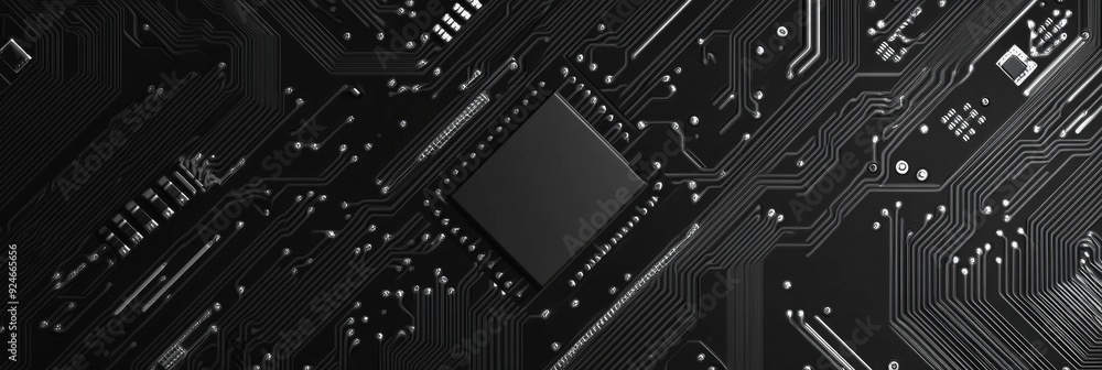 Poster a black circuit board with a processor chip in the center. this image symbolizes technology, innovat