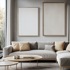 A living room with a white couch and two white framed pictures on the wall