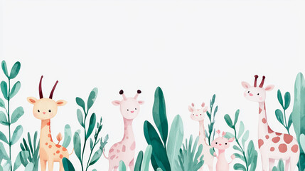 Cute and colorful giraffes surrounded by lush greenery, perfect for children's designs and playful themes.