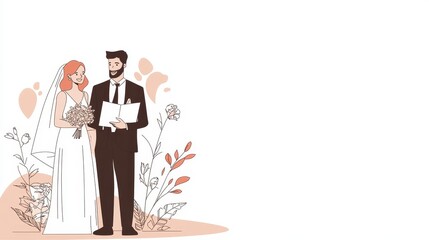 Obraz premium A bride and groom stand at the altar with a bouquet of flowers and a book symbolizing the start of their new life together.