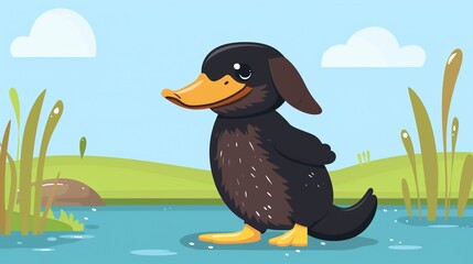 Obraz premium Adorable platypus standing by water clipart, flat art, simple cartoon 2D emblem