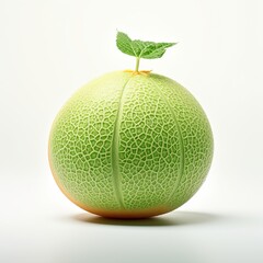 This image shows a green melon with a single leaf on top isolated on a white background. It is a perfect image for illustrating healthy eating, dieting, or food photography.