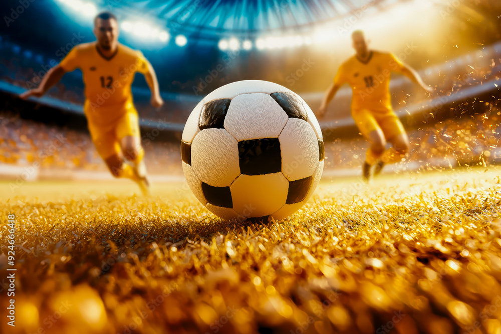 Poster Dynamic soccer scene capturing the excitement of the game with players in action and a ball in focus.