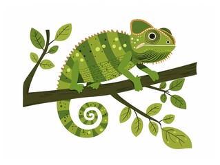 Obraz premium Playful chameleon standing on a twig clipart, simple cartoon 2D, flat art