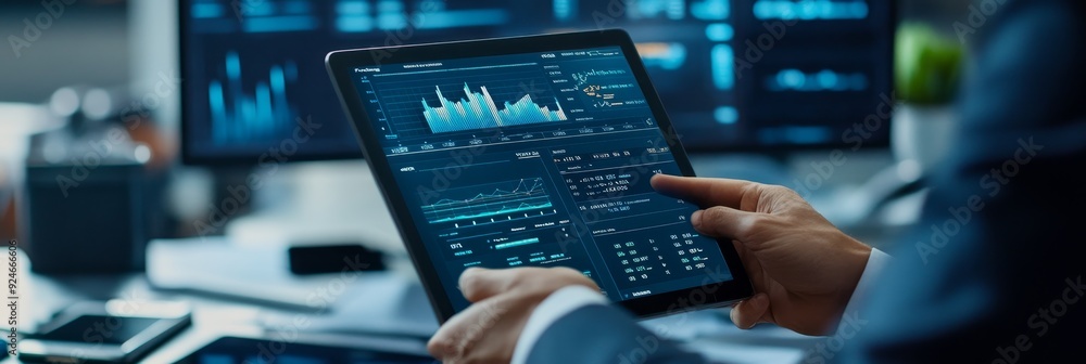 Poster a businessman is analyzing financial data on his tablet, with charts and graphs displayed on the scr