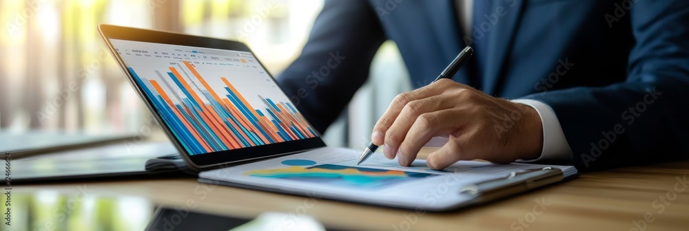 Aufkleber a businessman sits at a desk, analyzing financial data on a laptop. he is using a pen to point at a 