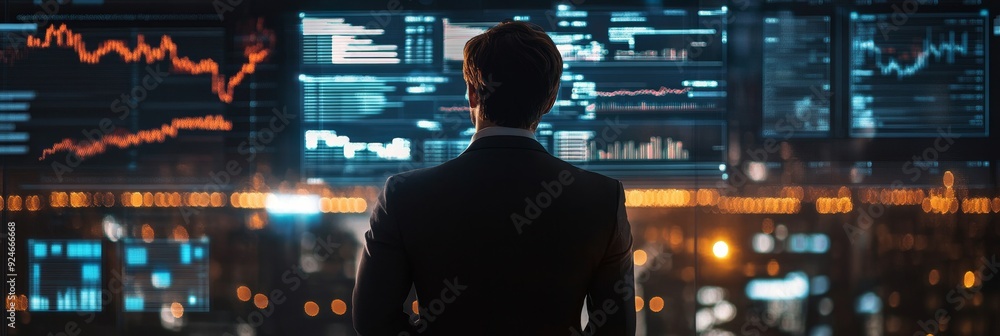 Poster a businessman stands in front of multiple monitors displaying financial data, symbolizing analysis, 