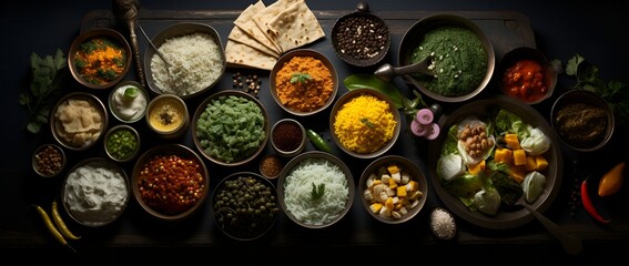 Top view of Assorted Indian food Rice, Lentils, Fish Curry, and Assorted Veggies