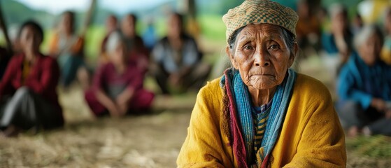 Fototapeta premium Elderly Woman in Traditional Clothing Sitting Outdoors with People in Background