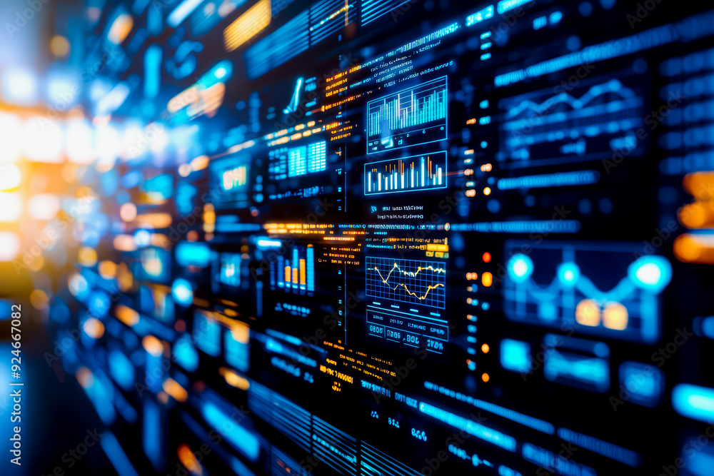 Poster futuristic data visualization with graphs and charts glowing in blue and orange, showcasing modern t