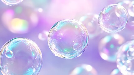 Naklejka premium A captivating image of iridescent bubbles floating against a soft purple background. The bubbles shimmer and reflect light, symbolizing joy, fragility, and the fleeting nature of life.