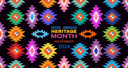 Native American Heritage Month in November  Celebrate annual in United States. Tradition geometrical ornament pattern. Poster, card, banner and background for design holiday American Indian culture. V