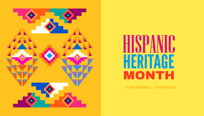 National hispanic heritage month banner with latin geometrical patterns, mexican flowers, guitar, bright colored decor