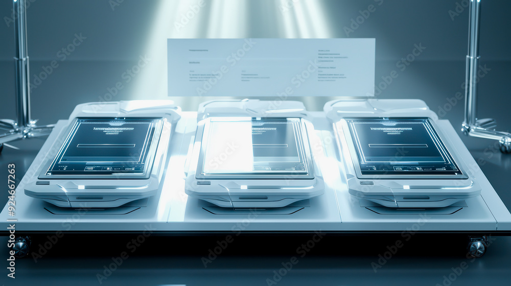 Poster futuristic laboratory with advanced devices reflecting innovation and technology in a sleek environm