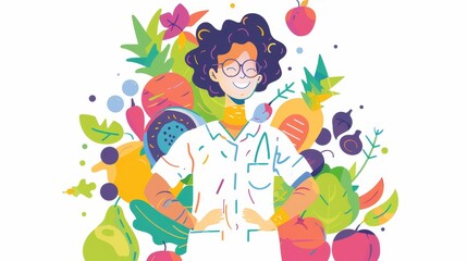A cheerful person surrounded by a vibrant array of fresh fruits and vegetables, symbolizing a healthy lifestyle, balanced diet, well-being, and abundance of nature's goodness.