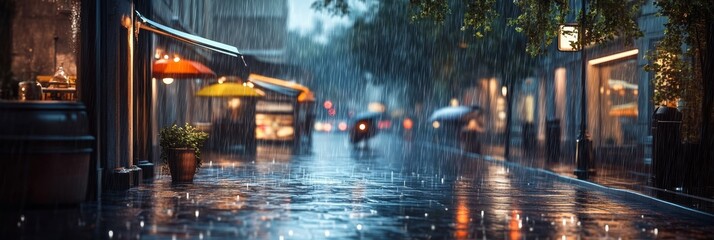 Fototapeta premium A city street bathed in the soft glow of streetlights, as rain falls and creates a reflective surface on the wet pavement. Umbrellas in vibrant colors add a touch of warmth and life to the scene. The 