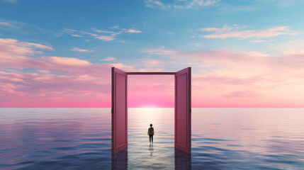 generated illustration of a door leading to a desert field and sunrise