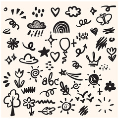 Hand drawn kid icon sketch funny cute element flower, cloud, balloon With illustration style doodle and line art