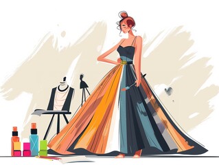 Fashion designer sketching new designs clipart, flat art, couture creation, simple cartoon 2D