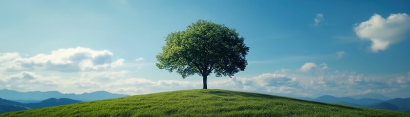 Lone Tree on a Green Hill Under a Clear Blue Sky with Rolling Mountains in the Background