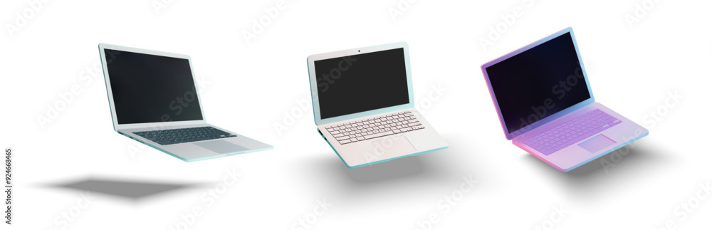 Poster three floating laptops in minimalist design, each featuring a different color scheme. sleek and mode