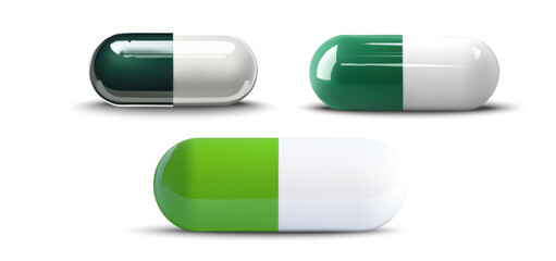 Collection of three green and white capsules, presented in a high-resolution 3D vector. Medical pills are isolated on a white background, ideal for pharmaceutical marketing, healthcare visuals.