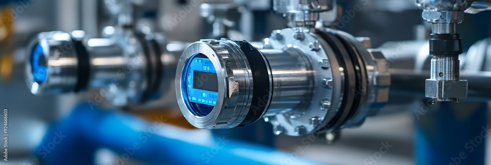 Poster a close-up of an industrial flow meter gauge, showcasing precision measurement and automation in a m