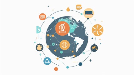 Fototapeta premium Global education network clipart, connecting continents, flat art, simple cartoon 2D emblem