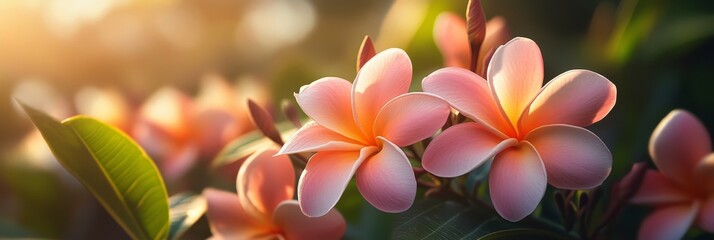 Fototapeta premium A close-up of delicate pink plumeria flowers bathed in soft, warm sunlight, symbolizing beauty, peace, tranquility, nature, and tropical paradise.