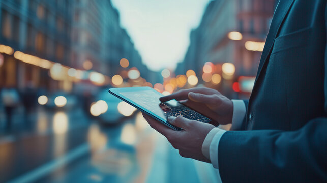 Agile data analysis on-the-move. Businessman using tablet to review analytics while commuting, blurred urban landscape signifying mobility and flexibility.