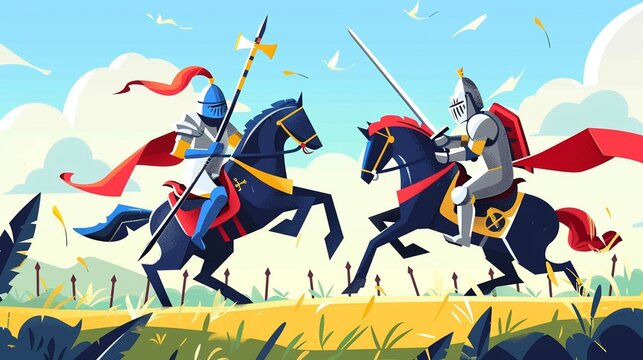 Grand medieval tournament clipart, jousting knights, flat art, simple cartoon 2D