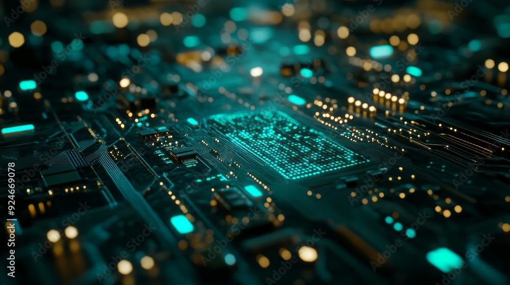 Poster a close-up shot of a circuit board with a glowing green chip in the center. the image symbolizes tec