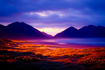 Fototapeta premium Stunning sunset over a serene beach with mountains in the background, casting warm colors on the peaceful landscape.