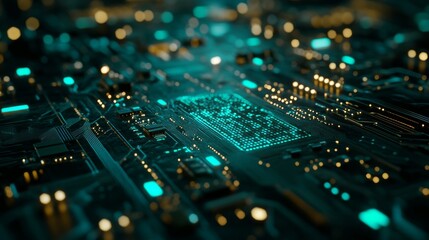 A close-up shot of a circuit board with a glowing green chip in the center. The image symbolizes technology, innovation, communication, data processing and digital transformation.