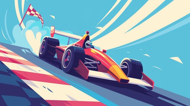 High-speed race car clipart, checkered flag, flat art, simple cartoon 2D
