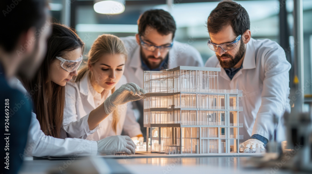 Poster a group of engineers conducting structural tests on a building model in a lab
