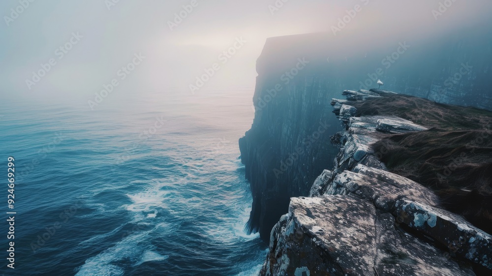 Poster a dramatic coastline showcases a high cliff with mist rolling in, waves crashing below, creating an 