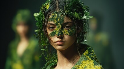 Enigmatic Model in Nature-Inspired Fashion with Green and Yellow Leafy Makeup and Attire