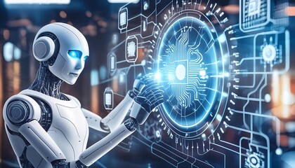 Artificial intelligence and machine learning, featuring symbols like a robot, neural networks, and data patterns symbolizing advanced technology, automation, and smart systems. 