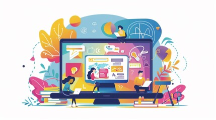 Interactive e-learning platform clipart, online courses, flat art, simple cartoon 2D emblem