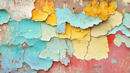 Obraz premium A close-up shot of an old wall with peeling paint, revealing different layers of color. The colors are a mix of blue, yellow, red, and white, creating a vibrant and textured abstract background.