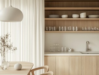 A kitchen with a wooden shelf and a white sink