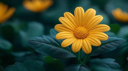 a yellow chrysanthemum flower in a green leaf background with copy space