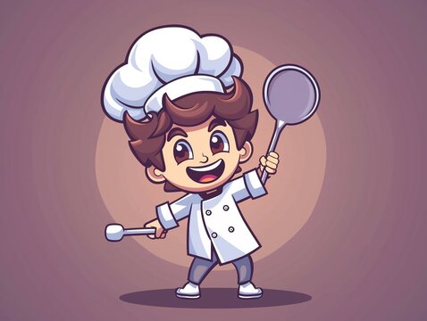 Kid as a master chef with a giant spoon, kitchen kingdom, culinary adventure, logo, art, emblem, simple cartoon 2D